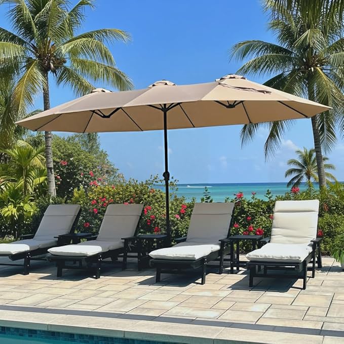 PHI VILLA 15ft Large Patio Umbrellas with Base Included, Outdoor Double-Sided Rectangle Big Market Umbrella with Stand, Outside Umbrellas for Poolside Lawn Backyard, Beige