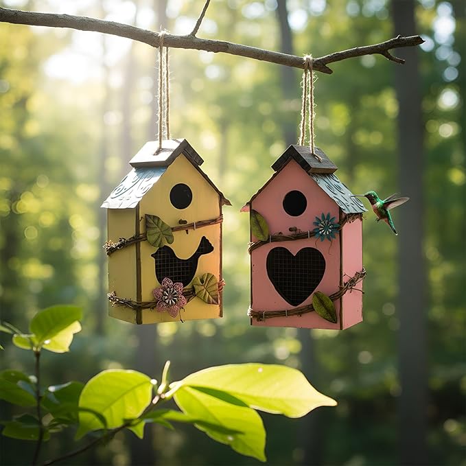 2 Pcs Decorative Birdhouse for Yard Outside Hanging Wooden Birdhouse Hand Painted Bird Box for Bird Lovers Bluebird Tree Swallow Wild Chickadee Garden Decor(Pink,Yellow,Iron Roof)