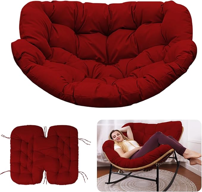 Outdoor Rocking Chair Cushion – Waterproof Wicker Egg Chair Replacement Pad, Thick Papasan Seat Cushion with Ties for Indoor & Outdoor Patio, Porch, Balcony, or Garden (Red)