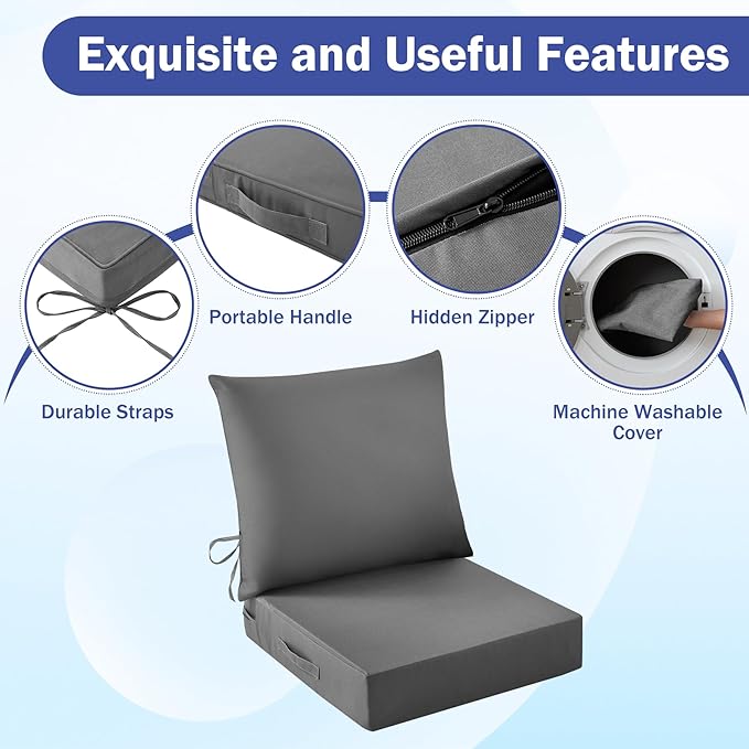 Outdoor Seat Cushion Set, Waterproof & Fade Resistant Patio Chair Cushions, Outdoors Cushion for Patio Furniture, 24 x 24 x 5.75 Inch, Outdoor Couch Cushions with Handle and Ties, Dark Grey