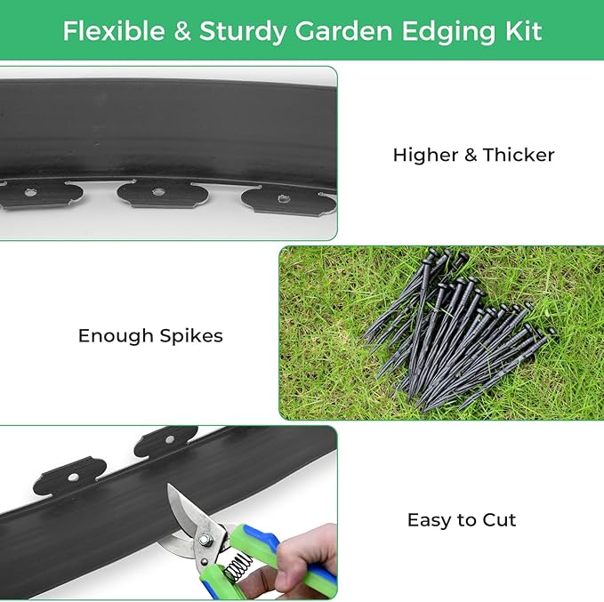 4-Inch x 33 FT Landscape Edging Border with 50 Spikes, Garden Edging Lawn Border Kit, Plastic Edging Border Flexible for Garden Flower Beds Lawn Yard Pathway Paver (Black)