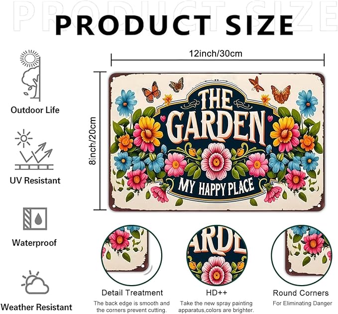 Plants Gifts The Garden My Happy Place Vintage Tin Sign for Garden Patio Porch Yard She Shed Decor 8x12 Inch (3902)
