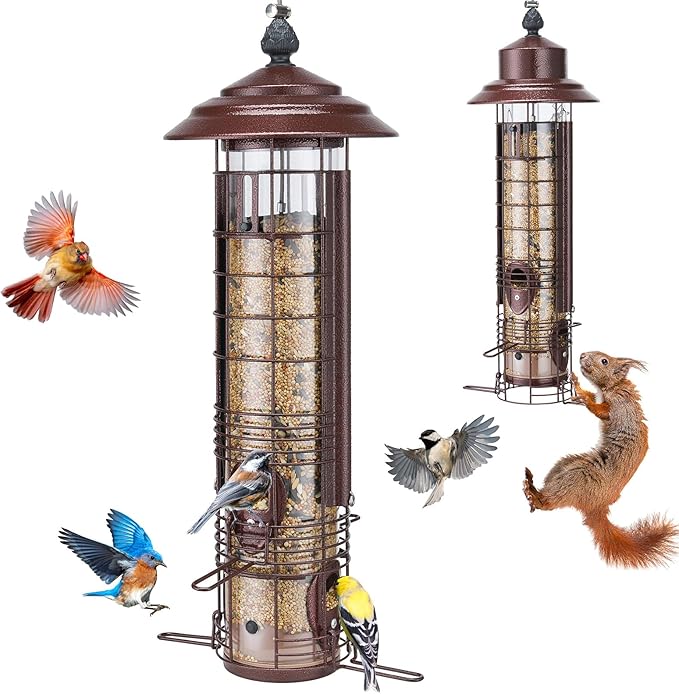 Kingsyard Squirrel Proof Bird Feeder for Outside Hanging, Weight-Activated All-Metal Wild Bird Feeders for Cardinal Finch, Detachable Base Easy to Clean, 3 LBS Capacity,Bronze