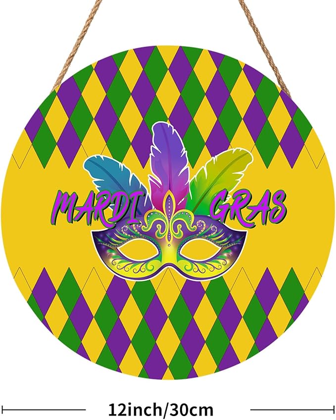 Mardi Gras Crawfish Door Sign For Front Door Decor,Purple Yellow Green Diamond Wooden Sign 12"x 12" Round Wood Hanging Door Sign Decoration for Wall Rustic Farmhouse Decor
