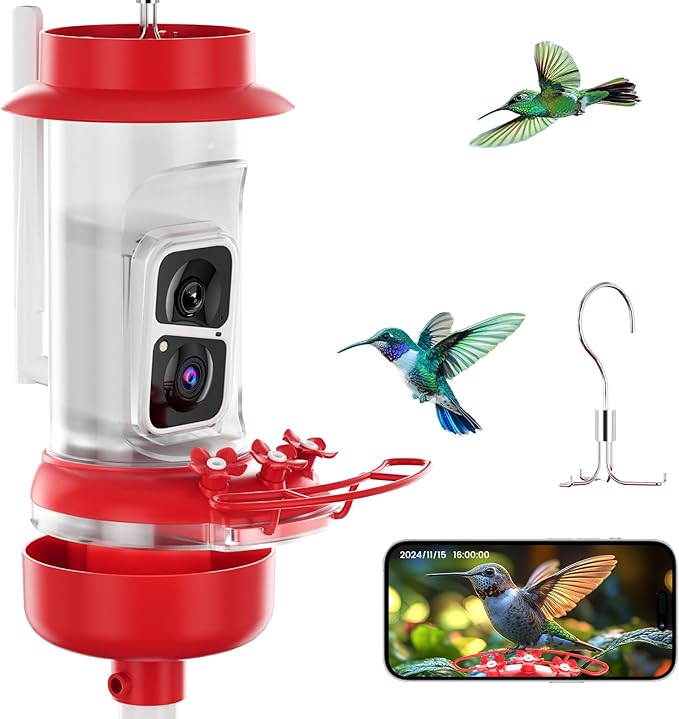 Soliom Hummingbird Feeder with Camera, Smart Bird Feeder Camera with 2K Live View AI Identify Species, Leak Proof & Ant Moat & Bee Proof, Outdoor Pole/Hook Hanging, 16 OZ Ideal Gifts for Family-Red