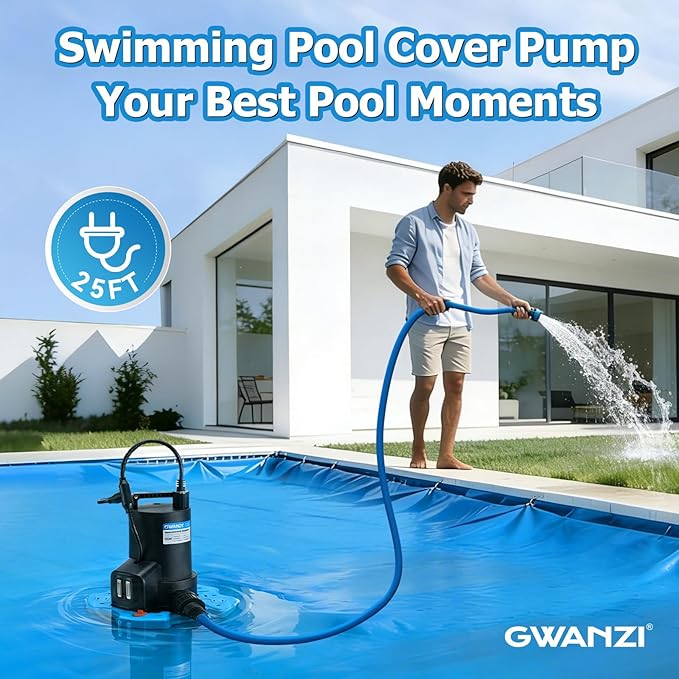 1/2HP Automatic Swimming Pool Cover Pump 3500GPH Submersible Water Pump with 3/4” Check Valve Adapter & 25ft Power Cord 110V Sump Pump for Swimming Pool Hot Tubs Pond Basement Rooftops