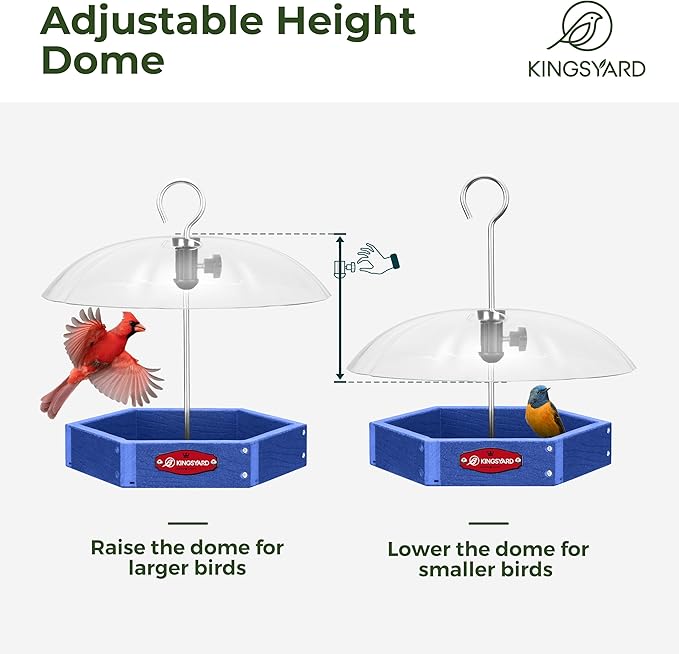 Kingsyard Large Platform Bird Feeder Outdoor Hanging, Adjustable Dome Squirrel Proof Rain Cover, Metal Mesh Tray Recycled Plastic Wild Bird Seed Feeding Station, Blue