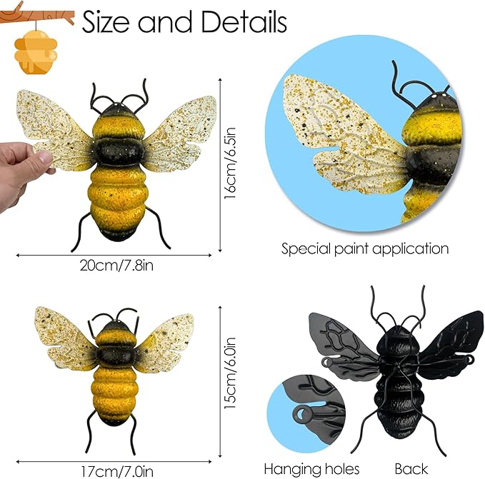 Metal Bee Outdoor Wall Decor - 2Pcs Bee Wall Art Garden Decor, Bumble Bee Decorations for Home, Yard Art Fence Decorations Outdoor