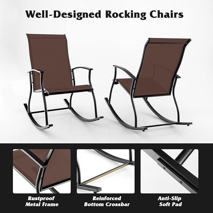 Giantex Outdoor Rocking Chair Set of 2 - Patio Rocking Chairs w/Breathable Backrest, Sturdy Metal Frame & Safe Ergonomic Design, Cozy Fabric Rocker for Backyard, Poolside, 330 lbs, Brown