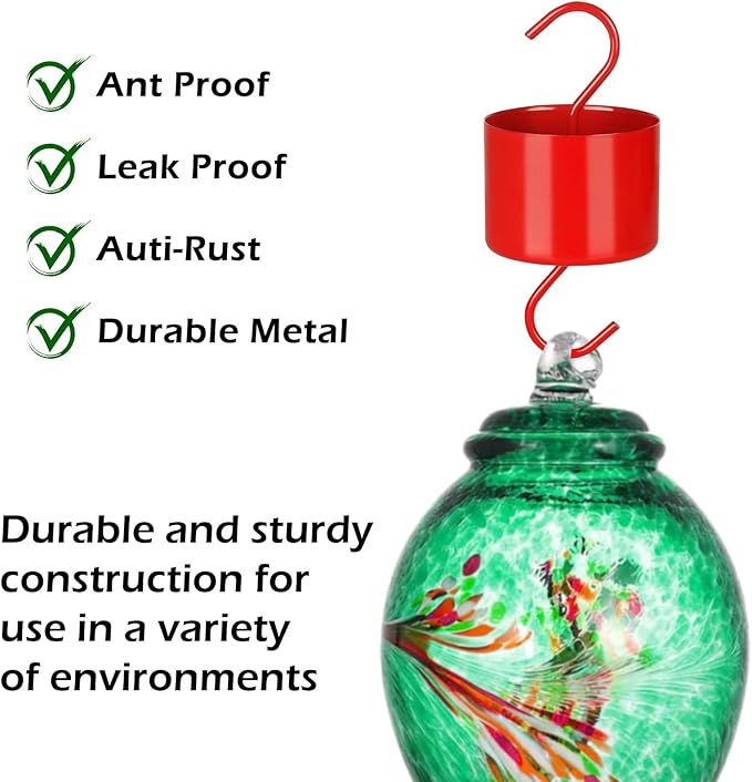 Large Metal Ant Moat for Hummingbird Feeders, Red Hummingbird Feeder Ant Guard, 4 Hooks and 4 Brushes
