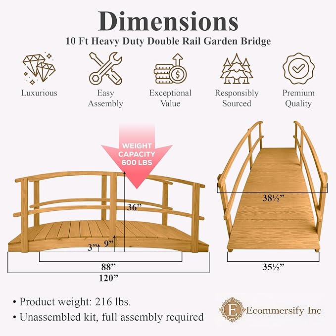 10 FT Oak Amish Made Garden Bridge with Double Rails for Walkway, Backyard Pond & Landscaping, Outdoor Wooden Footbridge for Koi Pond, Japanese Style Decorative Bridge, Made in USA