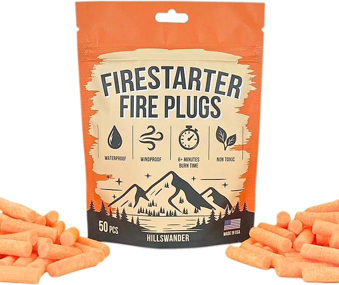 Fire Plugs (50 Plugs) | Waterproof Fire Starters for Campfires, Survival & Emergency Kits | Long Burn Time | Made in USA