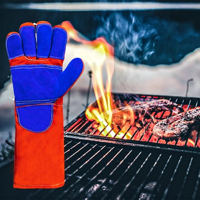 Welding/BBQ Leather Gloves, 16 Inches, Red-Blue, Heat/Fire Resistant, Mitts for Oven/Grill/Fireplace/Furnace/Stove/BBQ/16 inches Extra Long Sleeve