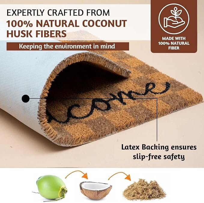 Folkulture Welcome Matt Outdoor | 16 x 28 Door Mats for Front Door Mat Outside Entrance | Eco Friendly | Welcome-Mats Cute | Checkered Coir Door Mats | Outdoor Decor for Home | Durable & Anti Slip