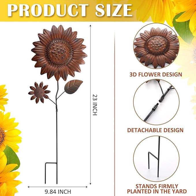 Silkfly 2 Pack Metal Sunflowers Outdoor Decor 22 Inch Vintage Rust Sunflower Decorative Garden Stakes for Outside Metal Flowers Yard Decor Art Spring Lawn Porch Patio Deocrations