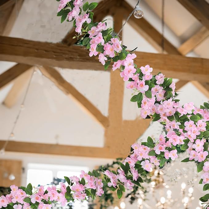 CISDUEO Artificial Cherry Blossom Flower Vine Hanging Pink Cherry Blossom Flower Silk Garland Hanging Vines Faux Flowers for Outdoors Spring Wedding Party Home Table Centerpiece Arrangement Decor