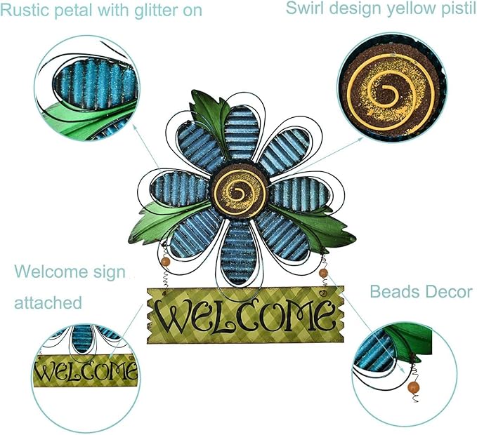 Large Rustic Metal Blue Flower Welcome Wall Art Decor Hanging Metal Flower Welcome Door Wreath Kitchen Living Room Bathroom Patio Garden Yard Wall Decoration