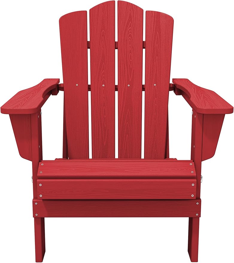 KINGYES Folding Adirondack Chair, HDPE All-Weather Patio Chairs, Wooden Textured Lawn Chair for Poolside, Backyard, Deck, Fire Pit, Light Red
