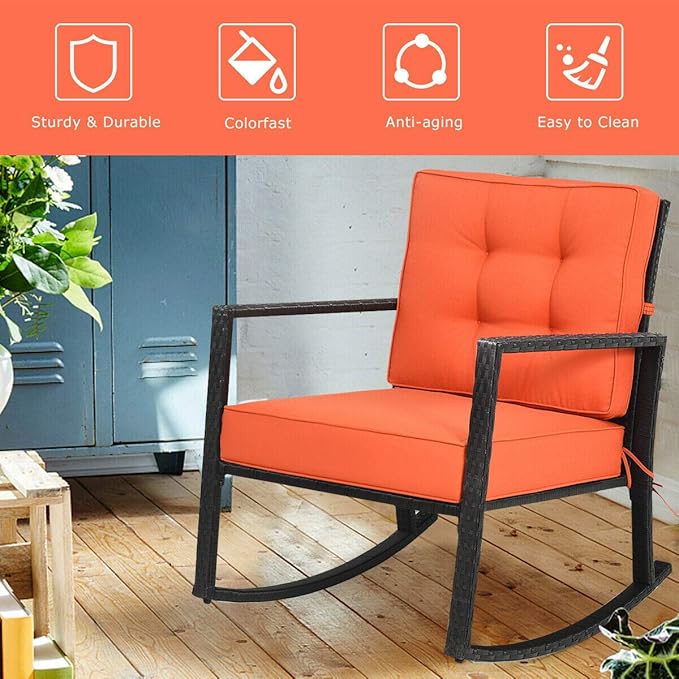 Tangkula Wicker Rocking Chair, Outdoor Glider Rattan Rocker Chair with Heavy-Duty Steel Frame, Patio Wicker Furniture Seat with 5” Thick Cushion for Garden, Porch, Backyard, Poolside (2, Orange)