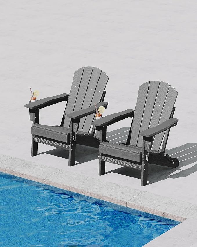 Folding Adirondack Chair Set of 4, All-Weather HDPE Outdoor Chair, Wooden Textured with Cup Holder for patios, Decks, Gardens, fire pits, Grey
