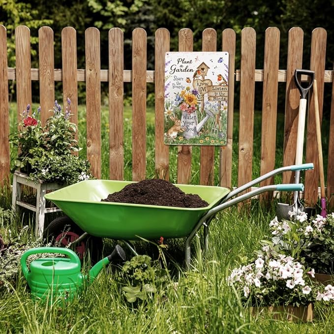Garden Metal Decor Signs-Plant A Garden,Share the Bounty, Listen to the Birds, Water Your Soul Metal Sign for Gardeners Plant Lovers 12"x8"