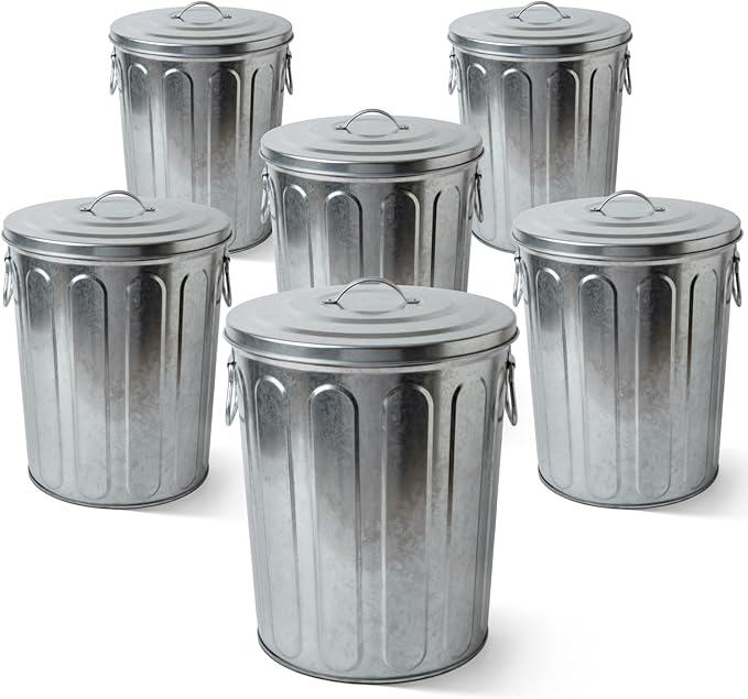 Plexon 5 Gallon Small Metal Trash Can with Lid Outdoor Galvanized Bucket with Lid 5 Gal Fireplace Ash Bucket for Wood Stove Storage Can for Dog Food Bird Seed Storage Container Rodent Pet Proof 6 Pack