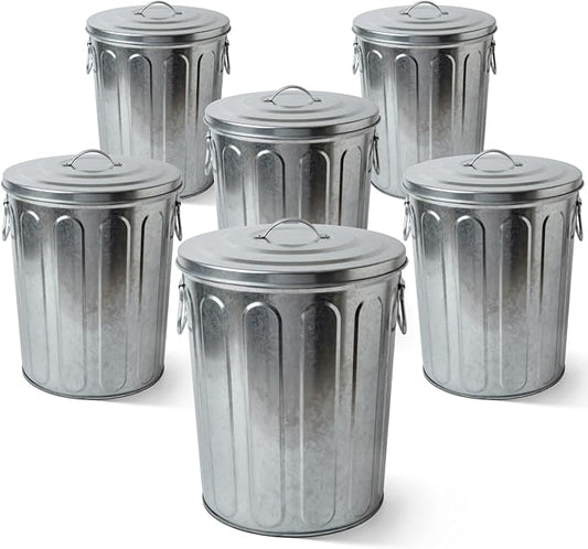 Plexon 5 Gallon Small Metal Trash Can with Lid Outdoor Galvanized Bucket with Lid 5 Gal Fireplace Ash Bucket for Wood Stove Storage Can for Dog Food Bird Seed Storage Container Rodent Pet Proof 6 Pack