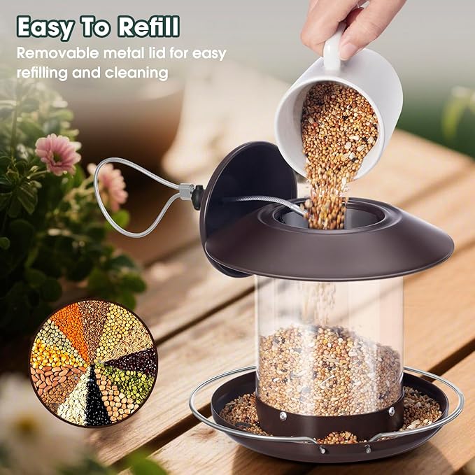 Bird Feeders for Outdoors, Hanging Small Metal Roof Bird Feeder with 2LB Clear Tube Seed Capacity for Viewing Cardinal Finch, Wild Birdfeeders for Outside Garden Yard Decoration