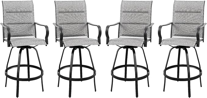 Vongrasig 4 Piece Outdoor Patio Swivel Bar Chairs, All Weather Padded Sling Textile High Top Bar Stools, Bistro Set for Backyard, Lawn Garden, Balcony, Padded Light Gery