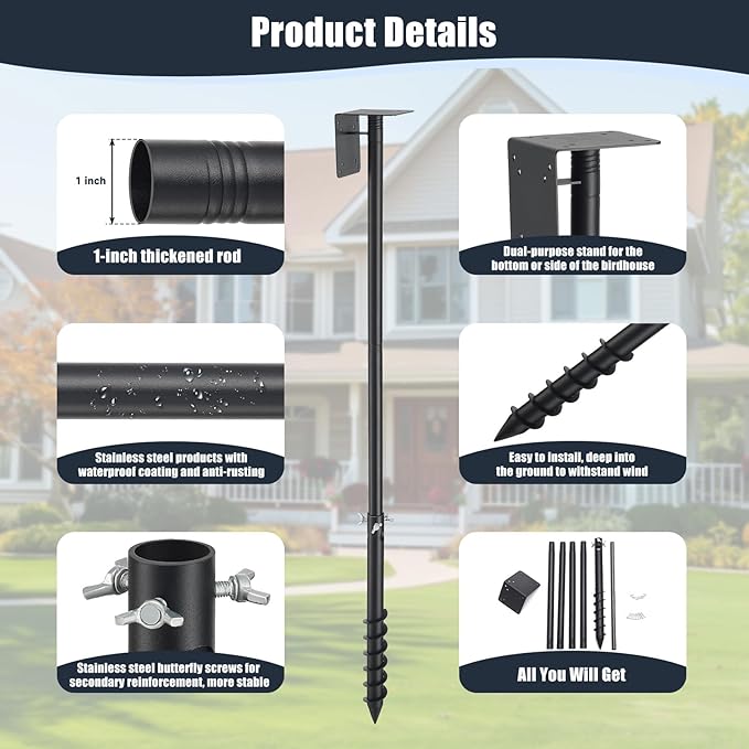 Bird House Pole, 102" Adjustable Bird Feeder Pole with Stand Stake, Heavy Duty 1.2 Inch Diameter Metal Bird Mounting Pole for Yard Garden Outdoors Park, Bluebird, Hummingbird, Black
