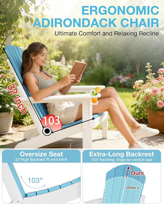 Folding Adirondack Chair –Recyclable HDPE Outdoor Adirondack Patio Chair with Cup Holder, Wood Texture & Umbrella Hole, 25-Year Fade-Free All Weather for Fire Pit, Porch, Poolside, Deck, Aruba & White