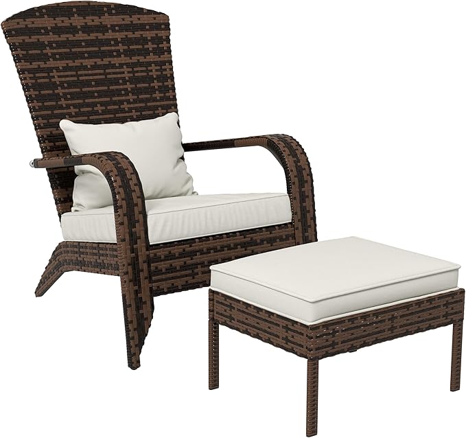 Outsunny Patio Wicker Adirondack Chair with Ottoman, Outdoor Fire Pit Chair with Cushions, High-Back, Large Seat & Armrests for Deck, Garden & Backyard, Cream White