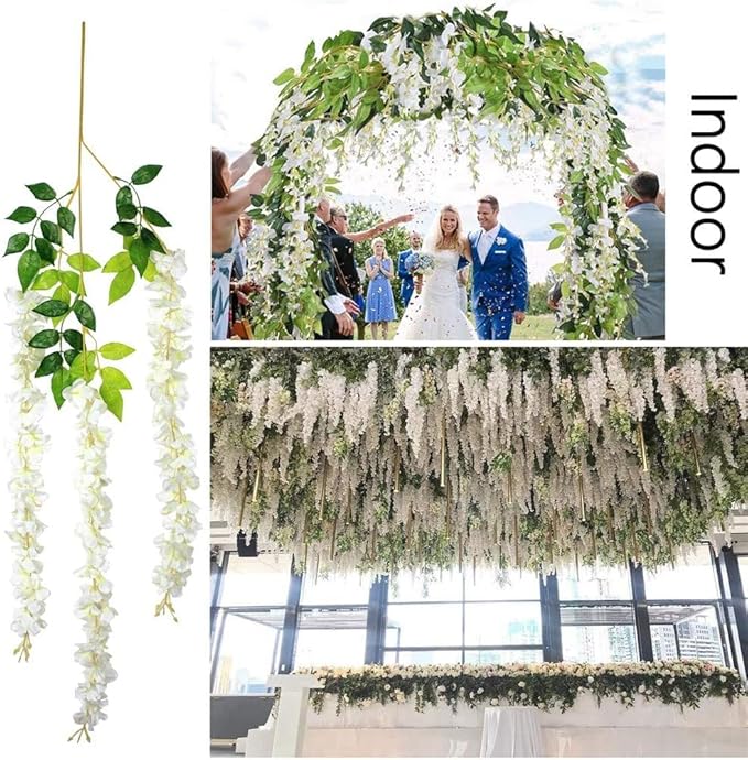 36Pcs Artificial Wisteria Flowers 3.6 Feet/Piece White Dense Artificial Fake Wisteria Vine Ratta Hanging Garland Silk Flowers String Home Party Wedding Decor(White-Dense)