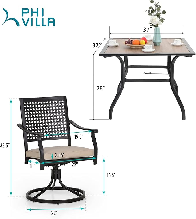 PHI VILLA Outdoor Conversation Furniture Set of 5 Piece Patio Dining Set for 4 Dining Swivel Chair with Cushion and Modern Patio Wood-Like Dining Table with Umbrella Hole for Outdoor Yard,Bistro