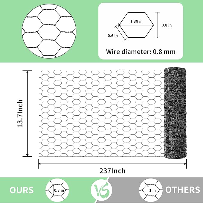 Chicken Wire 13.7 in x 237 in Poultry Wire Netting Hexagonal Galvanized Mesh Garden Fence Barrier for Pet Rabbit Chicken Fencing with 100 Pcs Cable Zip Ties(PVC-Coated)