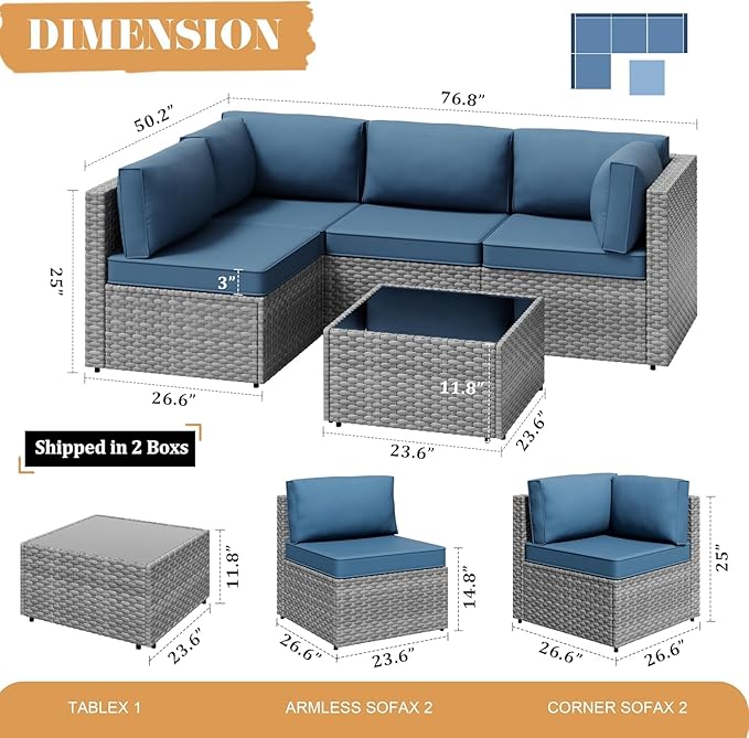 JAMFLY Patio Furniture Sets, 5-Piece Outdoor Patio Furniture with Thick Cushions, Wicker Outdoor Conversation Set Sectional Sofa for Backyard, Poolside, Garden, Aegean Blue