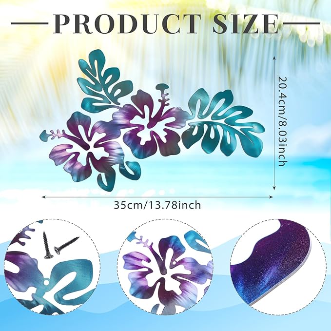 Tandefio Metal Hibiscus Flowers Wall Decor Hawaii Wall Art Rustic Tropical Flowers Decor Summer Vintage Tropical Plant Plaque for Home Bathroom