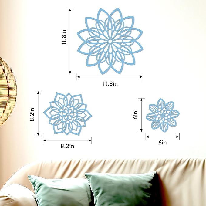 Zzbakress 3 Pieces Metal Flowers Wall Decor, Black Wall Decors Metal, Flower Art Wall Decor Farmhouse Wall Decorations Multiple Flowers Hanging Decor for Bathroom Living Room Home Kitchen Garden Office (Blue Elegant)