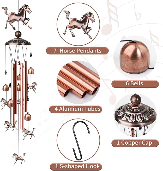 Horse Wind Chimes for Outside, Decorative Wind Chimes with 4 Aluminum Tubes Hanging Bells, Memorial Windchimes Outdoors with S Hook for Patio Garden Decor, Unique Gift for Mom Grandma