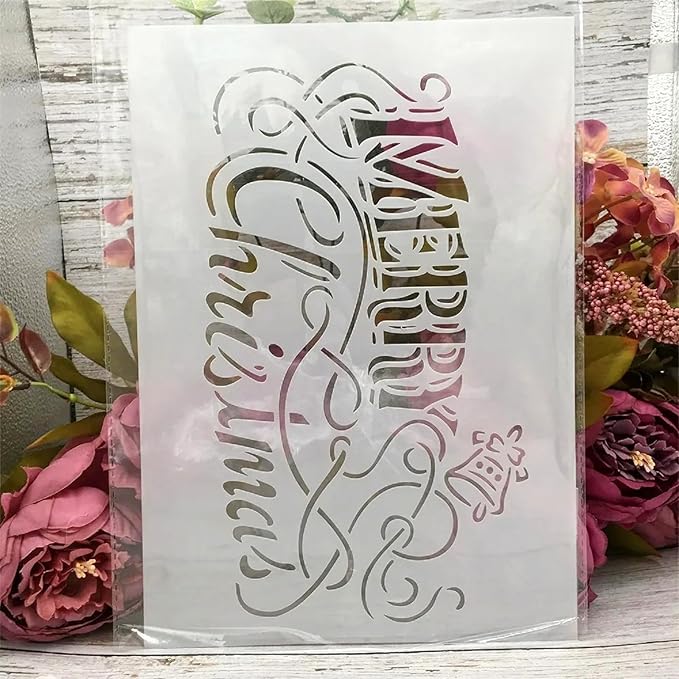 TIAMECH A4 Reusable Merry Christmas Stencil for Painting - Winter Holiday Words & Jingle Bell Layering Template, DIY Wall Art, Wood Furniture, Scrapbook & Crafts (8.3x11.7inch)