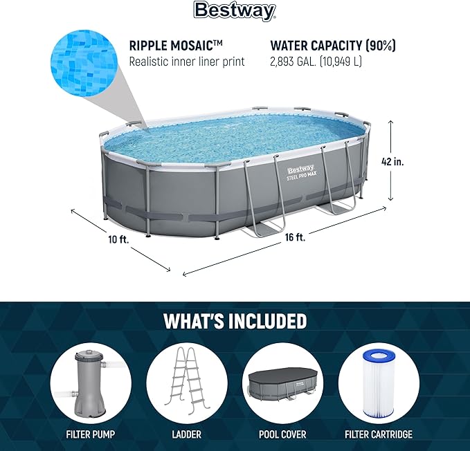 Bestway Steel Pro MAX 16' x 10' x 42" Above Ground Pool, Oval Metal Frame Outdoor Swimming Pool Set with Filter Pump, Ladder, and Cover, Gray