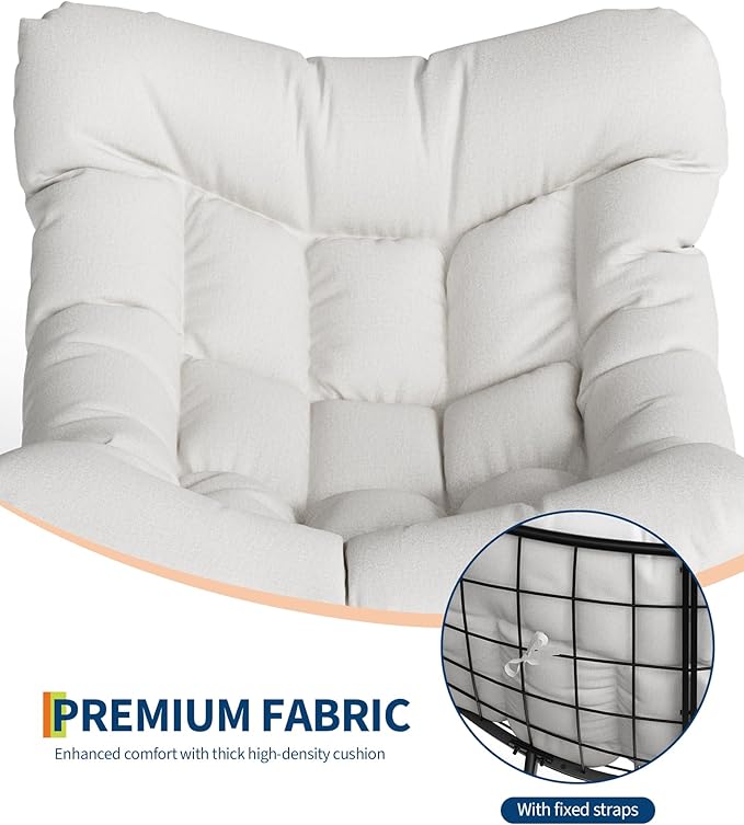 GarveeLife Outdoor Papasan Rocking Chair, Oversized Rocking Chair with Sturdy Metal Frame, Patio Rattan Egg Rocker for Balcony Backyard Porch Bedroom, White