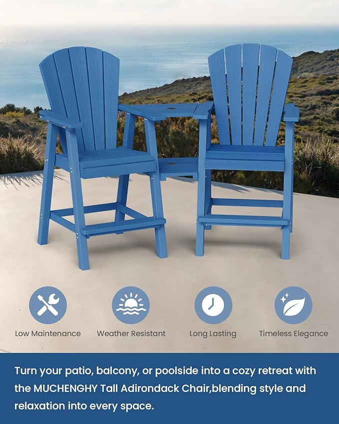 Ciokea Tall Adirondack Chairs Set of 4, HDPE Outdoor Adirondack Bar Stools with Double Connecting Tray, Weather Resistant High Back Adirondack Balcony Chairs for Deck, Lawn, Pool, Backyard, Navy Blue