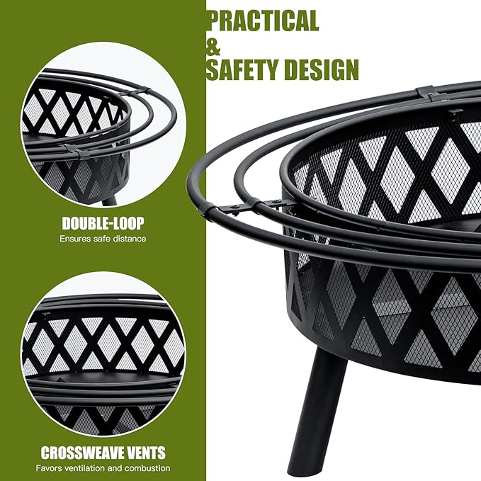 42 Inch Wood Burning Fire Pit with 2 Loops, Outdoor Fire Pit with Spark Screen & Fire Poker, Cross Weave Firepit for Outside Fireplace Bonfire for Yard,Patio, Garden