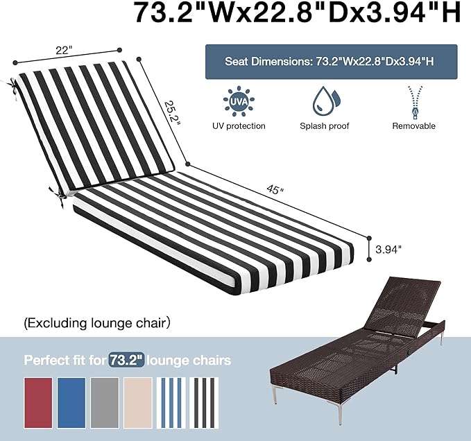 HOMREST 73.2x22.8x3.94 inches Lounge Chair Cushion Set of 2,Outdoor Chaise Lounge Cushion with Splash Fade Tear Resistant Fabric,Black Stripes