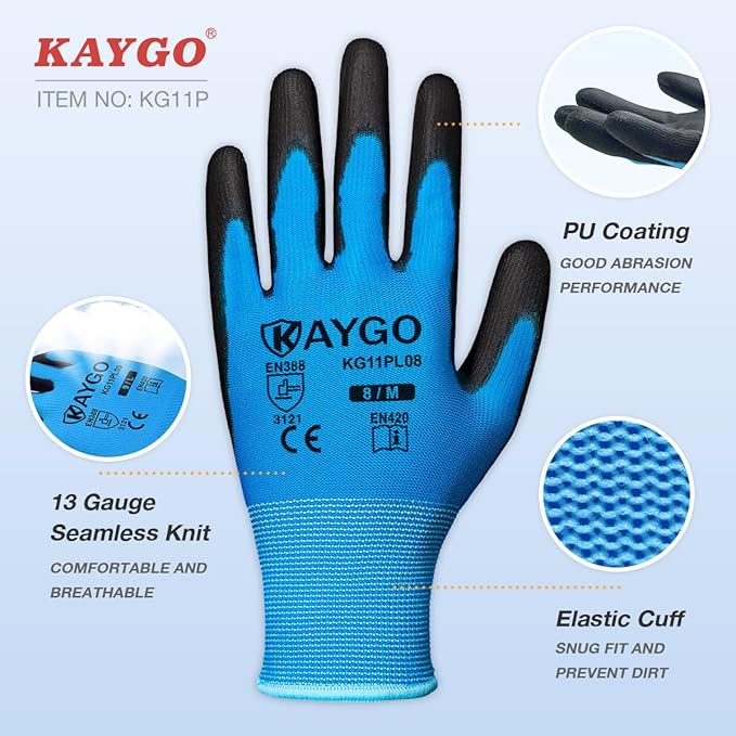 KAYGO Safety Work Gloves PU Coated-60 Pairs Seamless Knit Glove with Polyurethane Coated Smooth Grip on Palm & Fingers, for Men and Women, Ideal for General Duty Work, KG11PR (M,Blue)