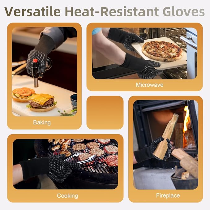 CHANGEMOORE 9.1'' Fire Pit Mat & Heat Resistant Gloves Set, Tabletop Protection with Foldable Stand, Barbecue Heat Resistant Mat for Tabletop Fire Pit, Long Wrist Non-Slip Silicone, up to 300°C