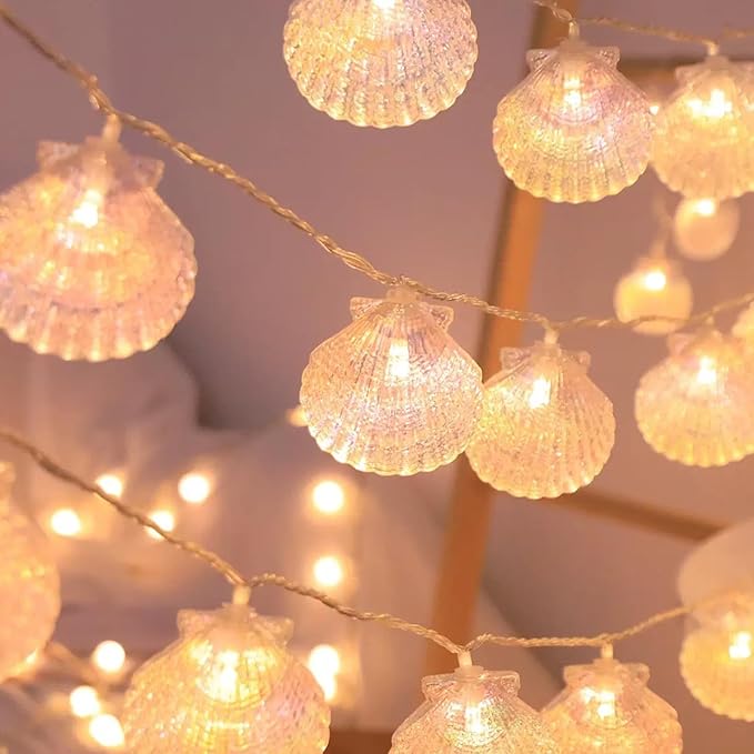 Natural Beach Shell String Light 20 FT 40 LED Lights with Battery Operated Warm White LED Ocean Theme for Holiday Party, Wedding, Garden Decoration (Shell, 20FT)
