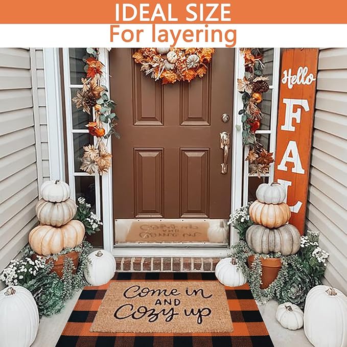 MUBIN Cotton Orange and Black Plaid Rug, 27.5 x 43 Inches Fall Outdoor Front Door Decorative Mat, Hand-Woven Rug for Layered Door Mats Washable Carpet for Porch, Entryway, Farmhouse, Autumn, Halloween