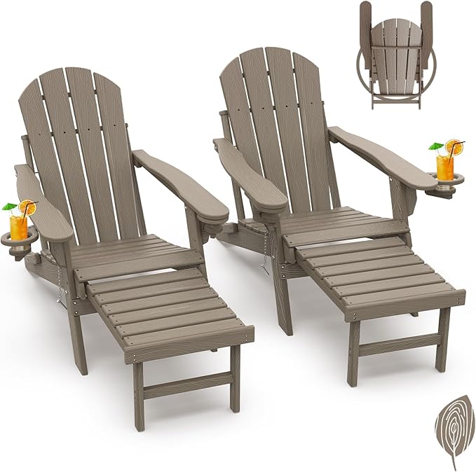 GREENVINES Adirondack-Chairs-with-Ottoman | Set of 2 | Wood Grain | Folding | Retractable-Footrest | HDPE Plastic | All Weather Fire Pit Chair | Cup Holders | for Outdoor Poolside